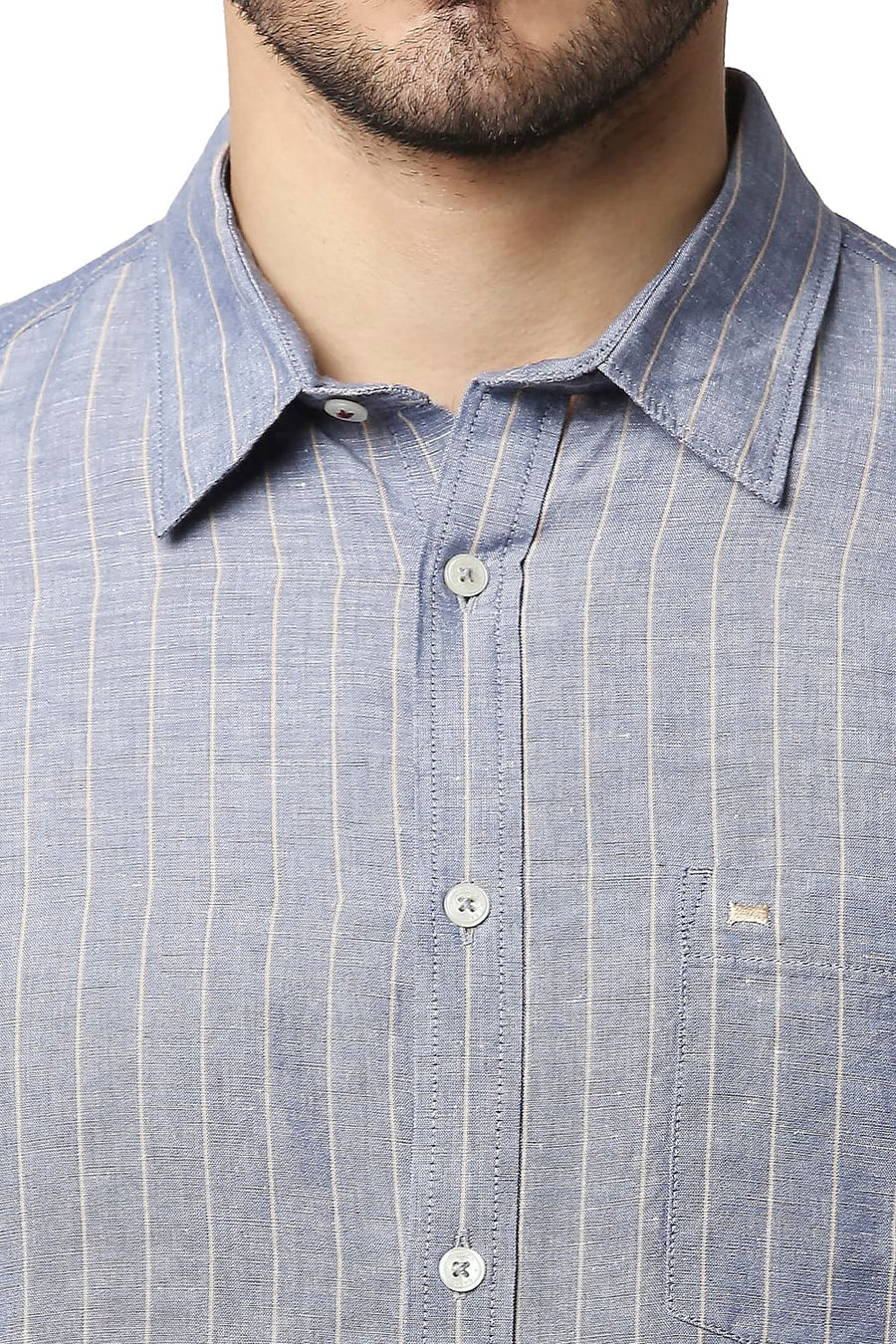 BASICS SLIM FIT CHINA BLUE COTTON LINEN STRIPE SHIRT