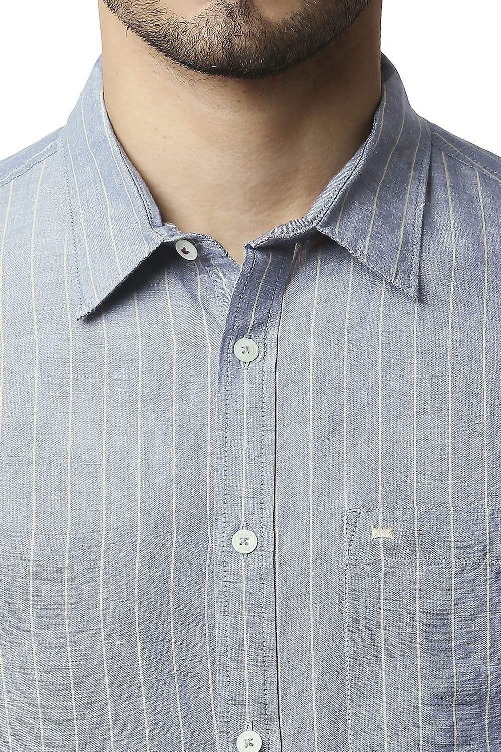 BASICS SLIM FIT COTTON LINEN STRIPE HALFSLEEVES SHIRT