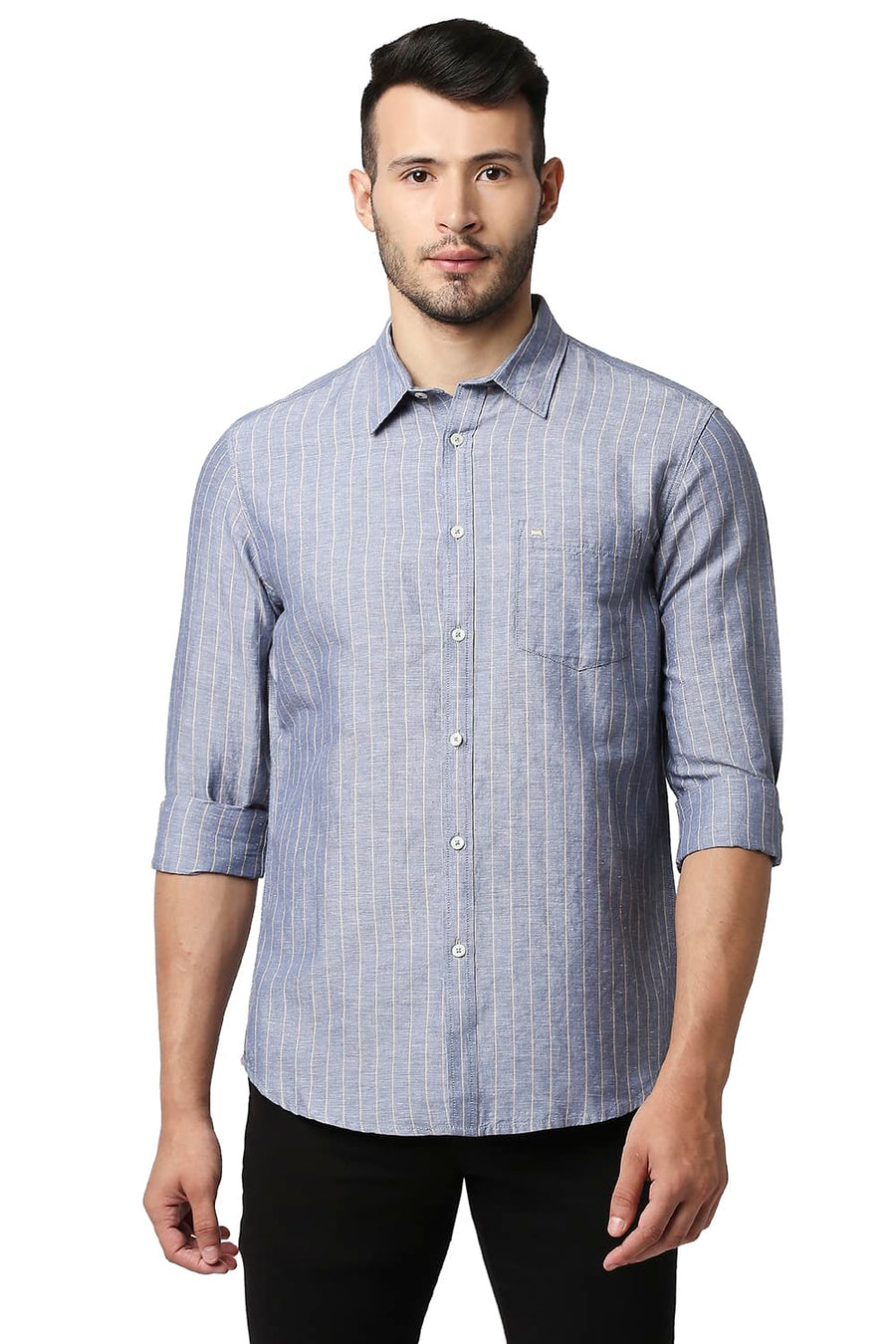 BASICS SLIM FIT CHINA BLUE COTTON LINEN STRIPE SHIRT
