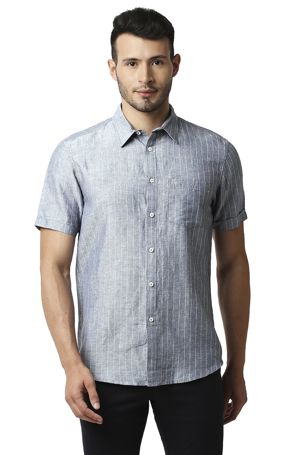 BASICS SLIM FIT COTTON LINEN STRIPE SHIRT