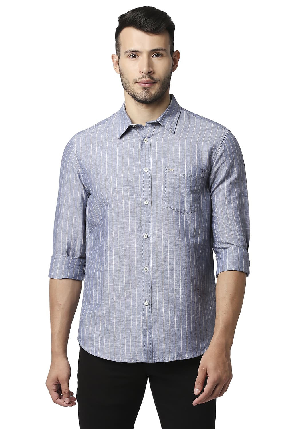 BASICS SLIM FIT COTTON LINEN STRIPE SHIRT