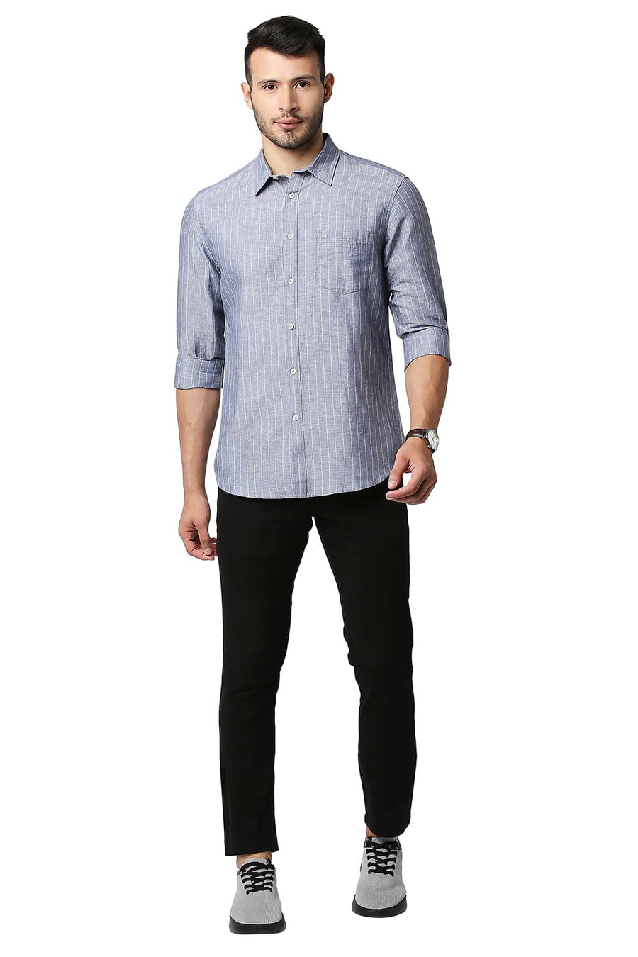 BASICS SLIM FIT CHINA BLUE COTTON LINEN STRIPE SHIRT