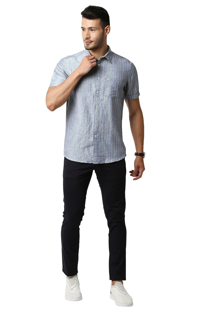 BASICS SLIM FIT COTTON LINEN STRIPE HALFSLEEVES SHIRT