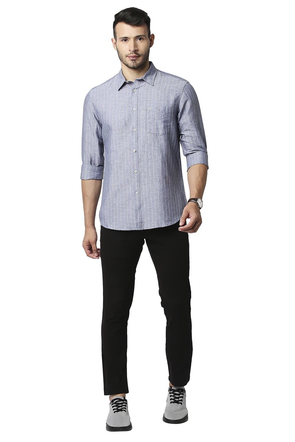 BASICS SLIM FIT COTTON LINEN STRIPE SHIRT