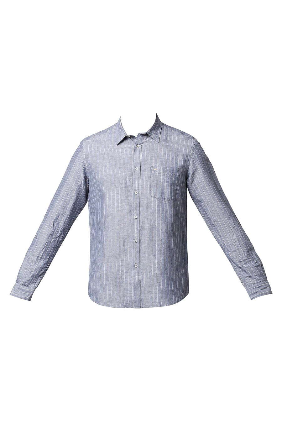 BASICS SLIM FIT CHINA BLUE COTTON LINEN STRIPE SHIRT