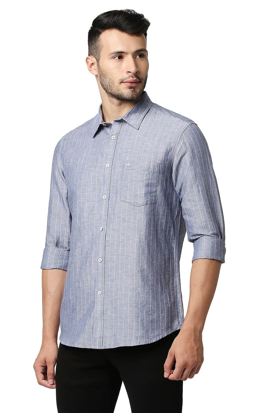 BASICS SLIM FIT CHINA BLUE COTTON LINEN STRIPE SHIRT