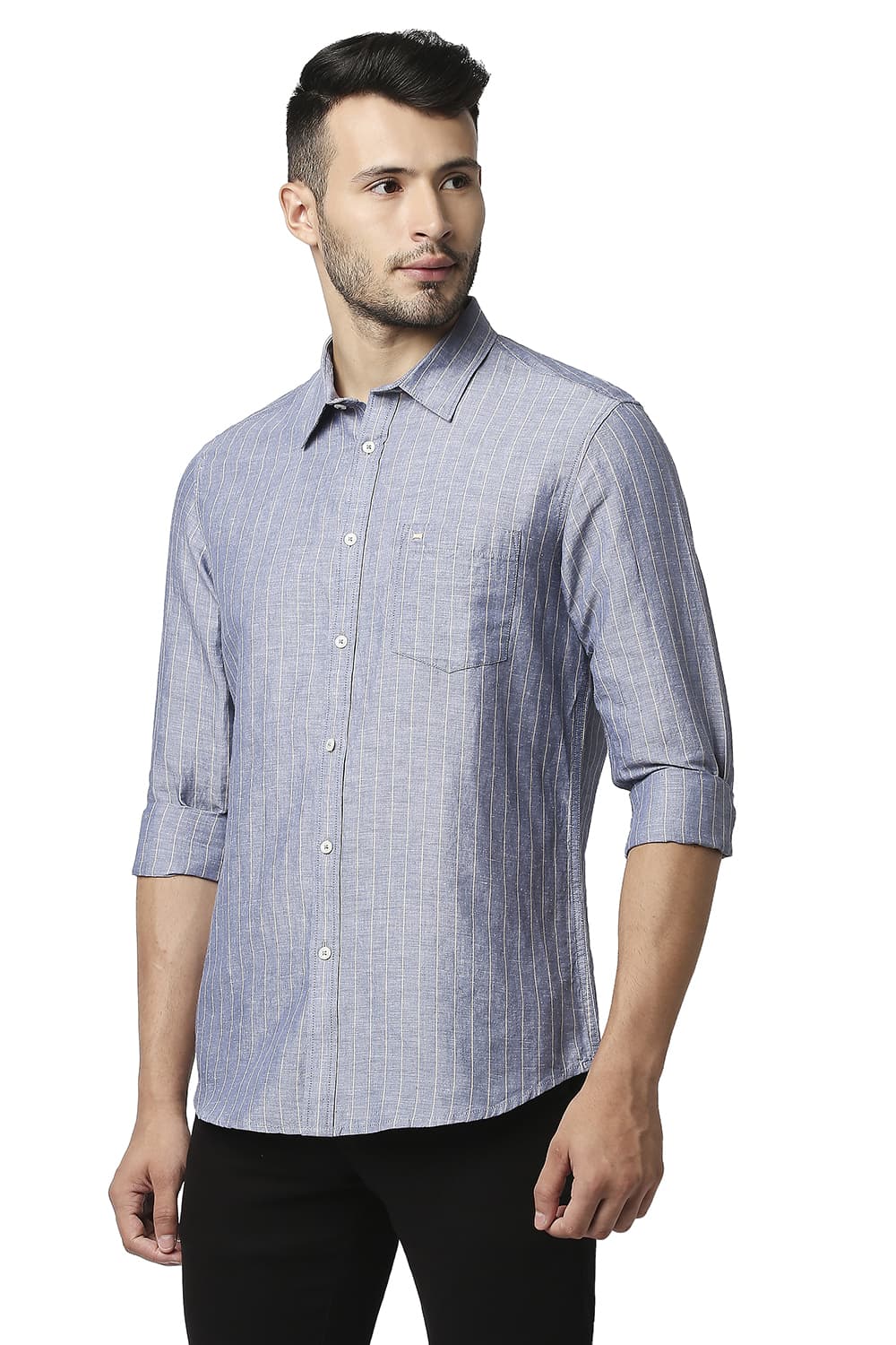 BASICS SLIM FIT COTTON LINEN STRIPE SHIRT