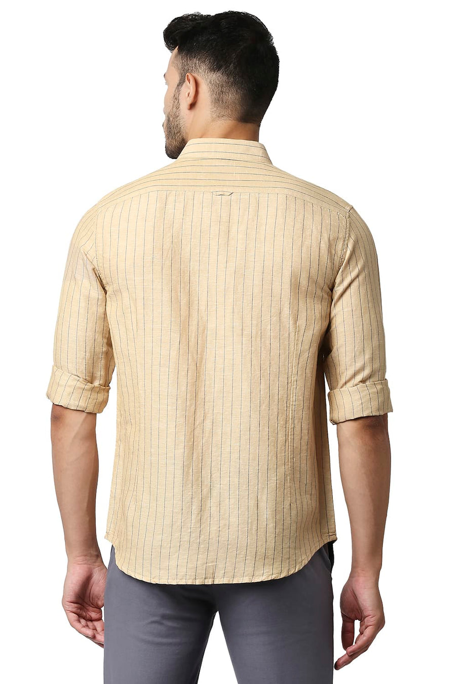 BASICS SLIM FIT MARZIPAN BEIGE COTTON LINEN STRIPE SHIRT