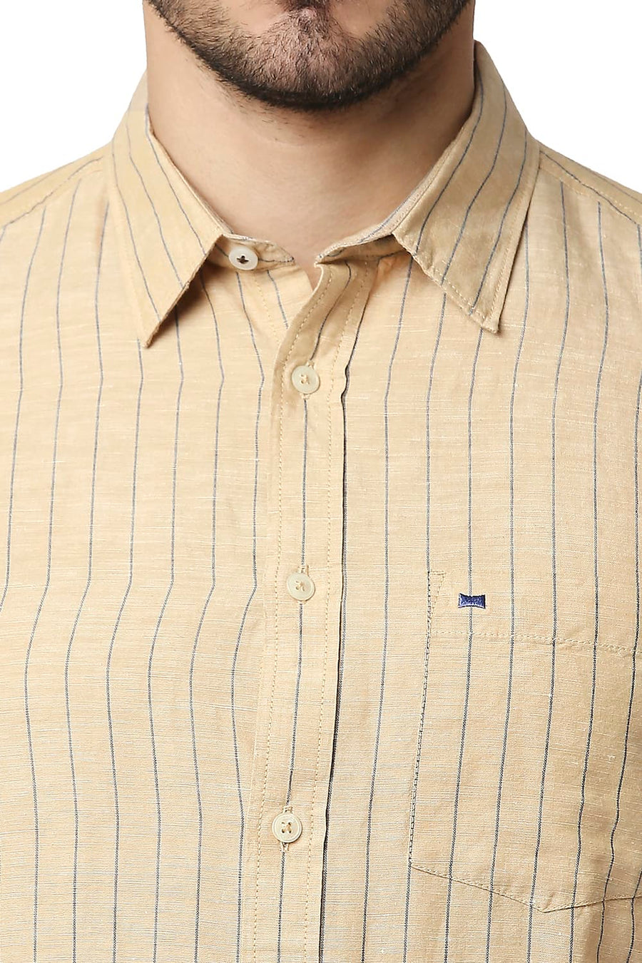 BASICS SLIM FIT MARZIPAN BEIGE COTTON LINEN STRIPE SHIRT