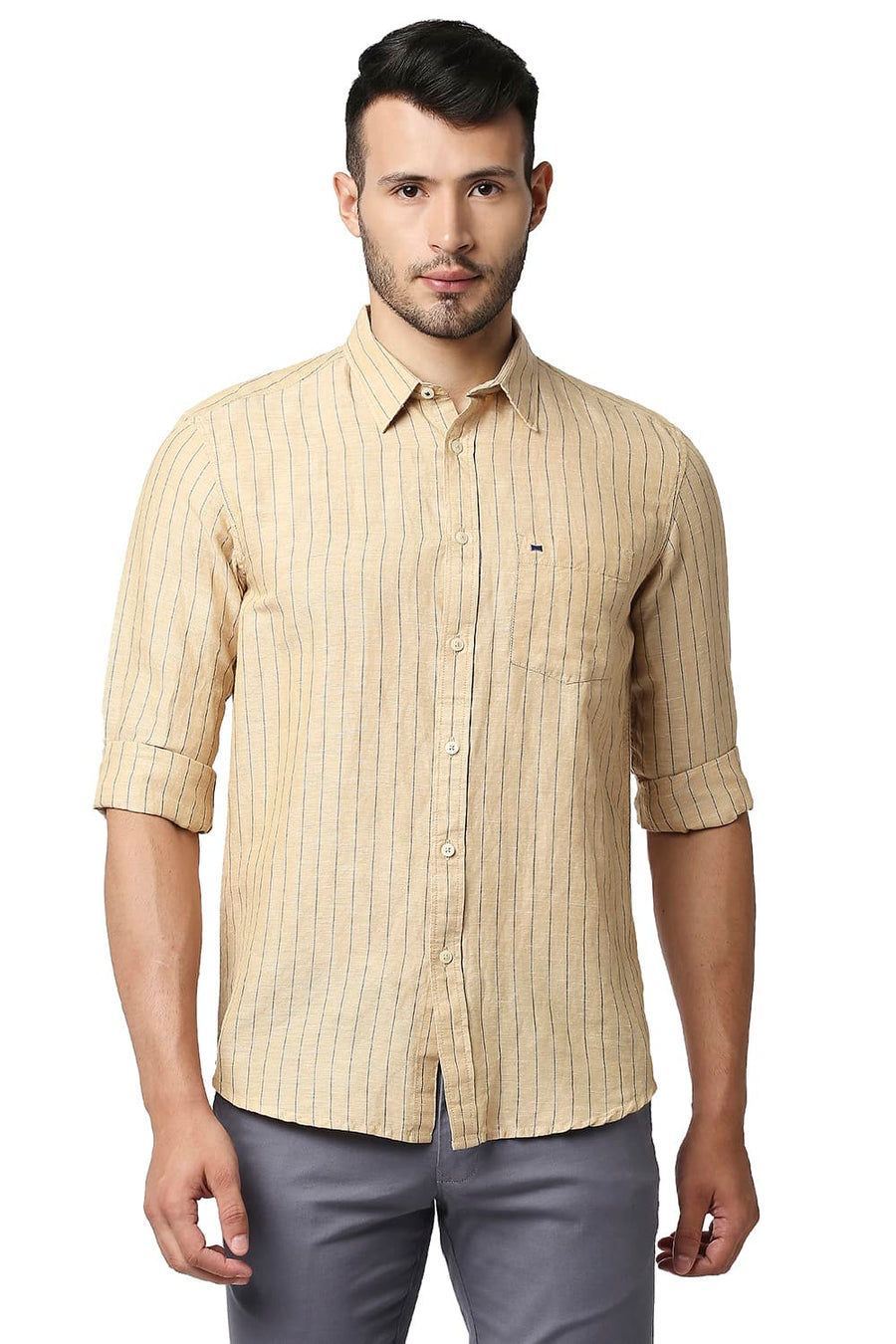 BASICS SLIM FIT MARZIPAN BEIGE COTTON LINEN STRIPE SHIRT