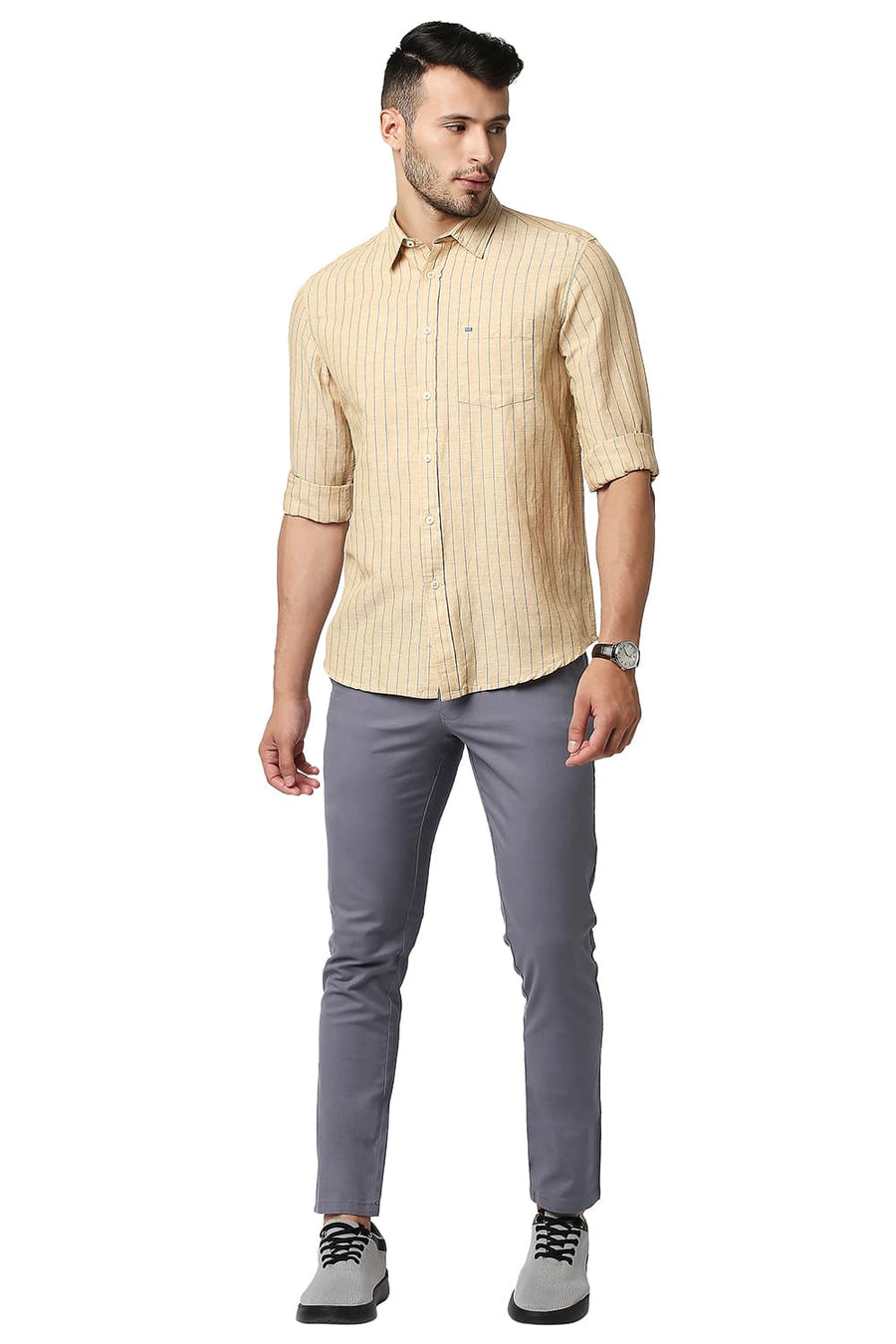 BASICS SLIM FIT MARZIPAN BEIGE COTTON LINEN STRIPE SHIRT
