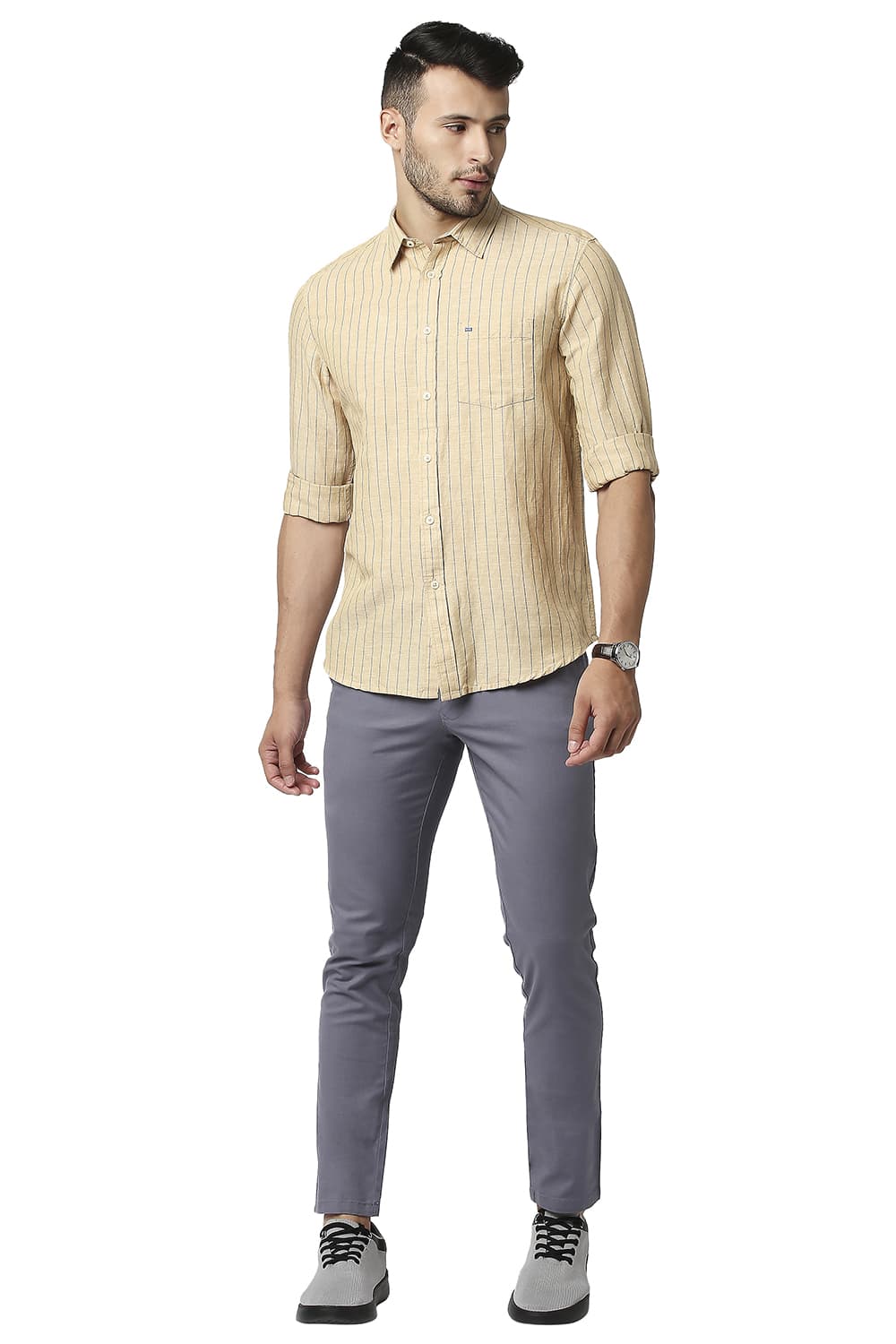 BASICS SLIM FIT COTTON LINEN STRIPE SHIRT