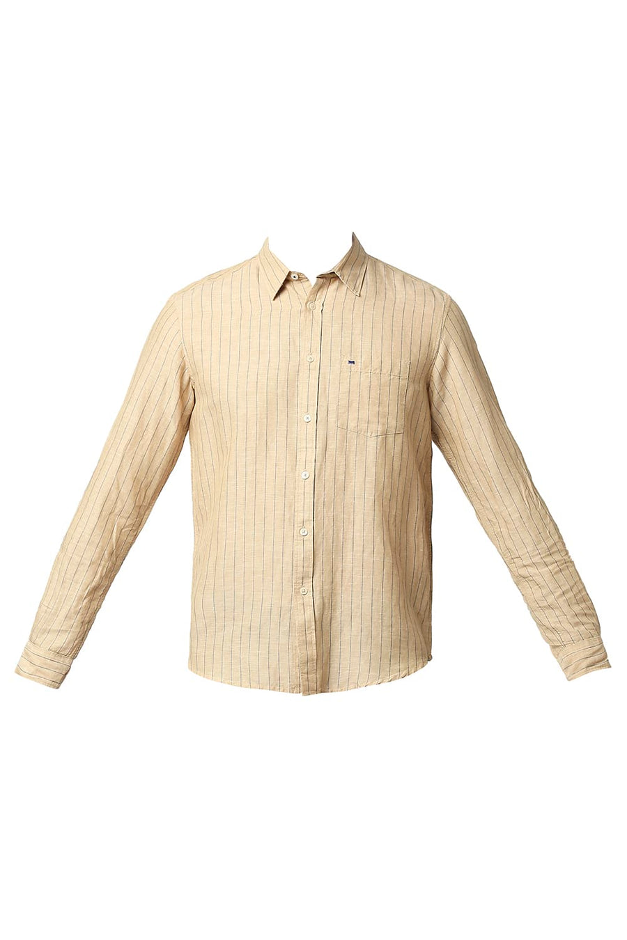 BASICS SLIM FIT MARZIPAN BEIGE COTTON LINEN STRIPE SHIRT