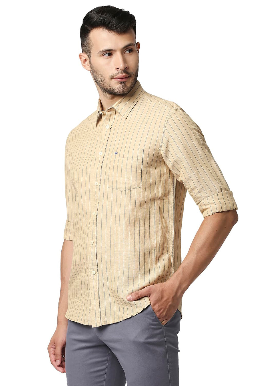 BASICS SLIM FIT MARZIPAN BEIGE COTTON LINEN STRIPE SHIRT