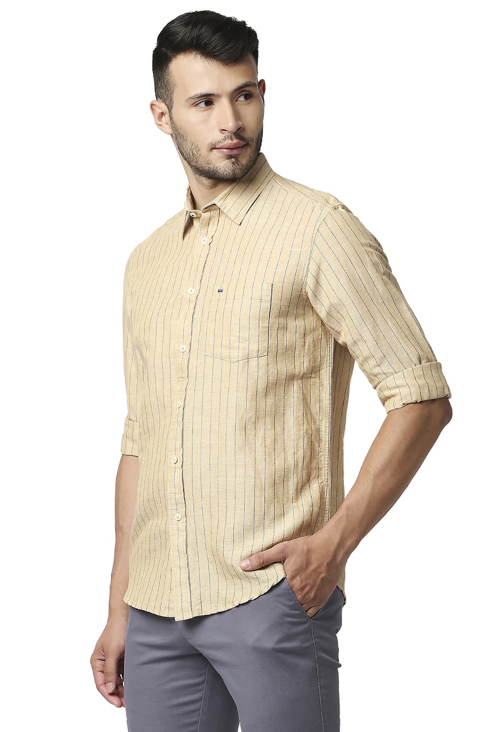 BASICS SLIM FIT COTTON LINEN STRIPE SHIRT