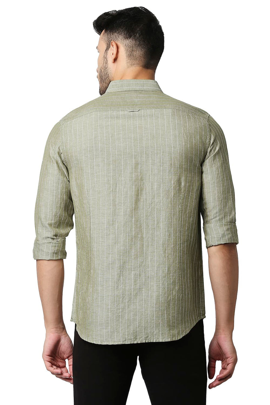 BASICS SLIM FIT OLIVE DRAB COTTON LINEN STRIPE SHIRT