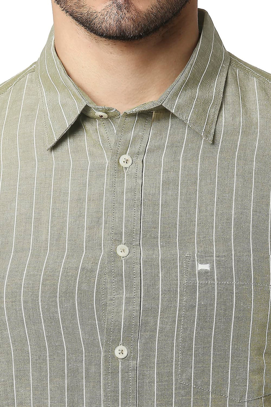 BASICS SLIM FIT OLIVE DRAB COTTON LINEN STRIPE SHIRT