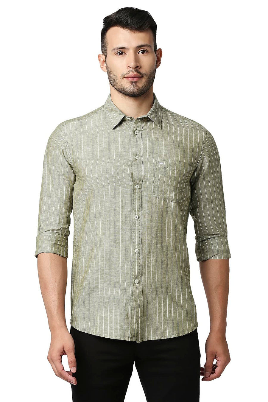 BASICS SLIM FIT OLIVE DRAB COTTON LINEN STRIPE SHIRT