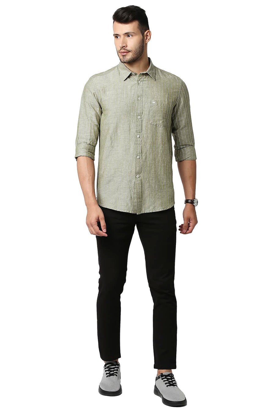 BASICS SLIM FIT OLIVE DRAB COTTON LINEN STRIPE SHIRT