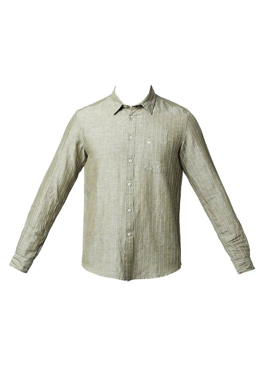 BASICS SLIM FIT OLIVE DRAB COTTON LINEN STRIPE SHIRT