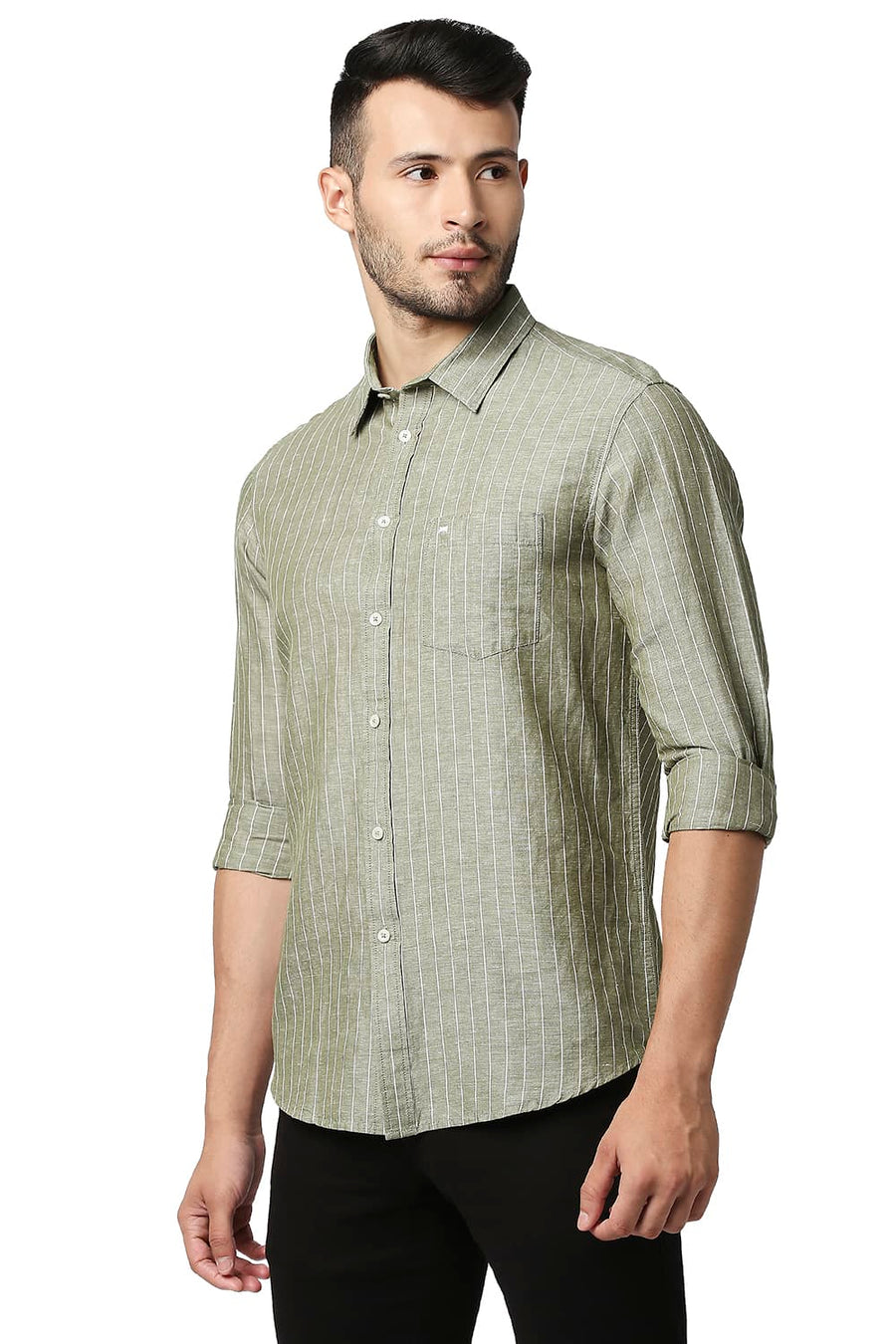 BASICS SLIM FIT OLIVE DRAB COTTON LINEN STRIPE SHIRT