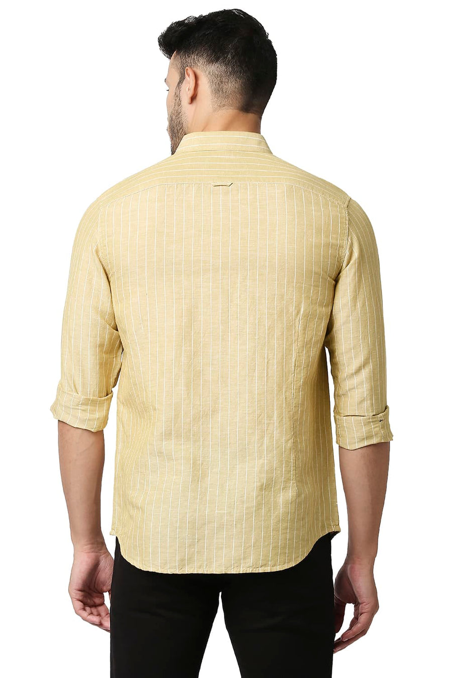 BASICS SLIM FIT WHEAT BEIGE COTTON LINEN STRIPE SHIRT