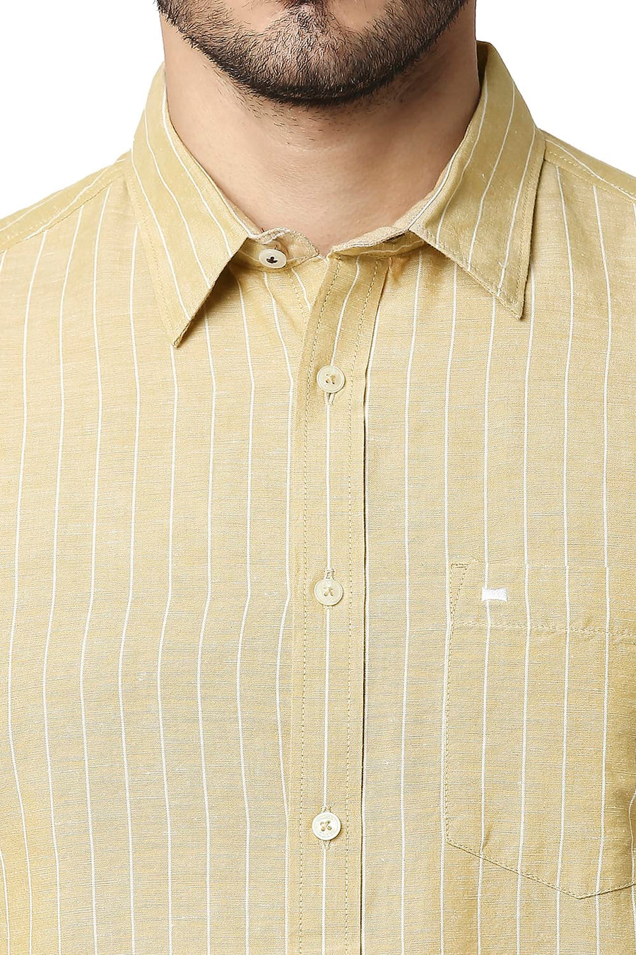 BASICS SLIM FIT WHEAT BEIGE COTTON LINEN STRIPE SHIRT