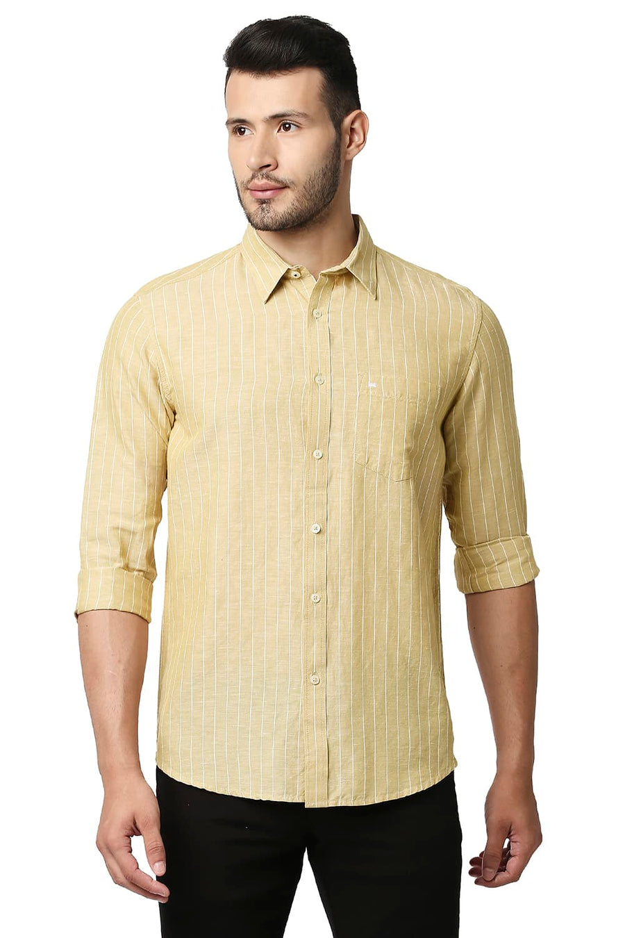 BASICS SLIM FIT WHEAT BEIGE COTTON LINEN STRIPE SHIRT