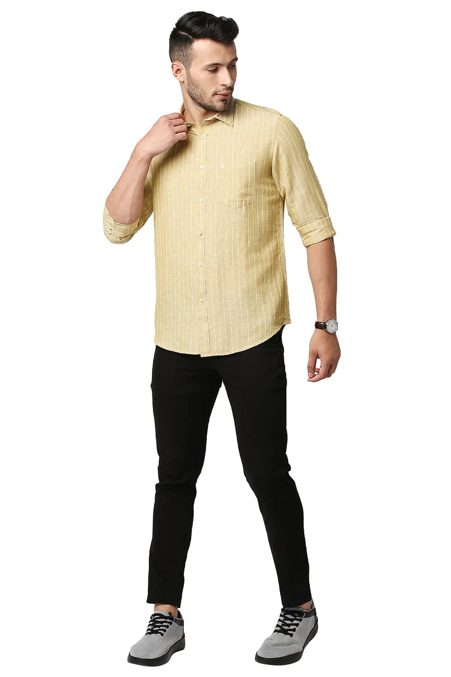 BASICS SLIM FIT WHEAT BEIGE COTTON LINEN STRIPE SHIRT