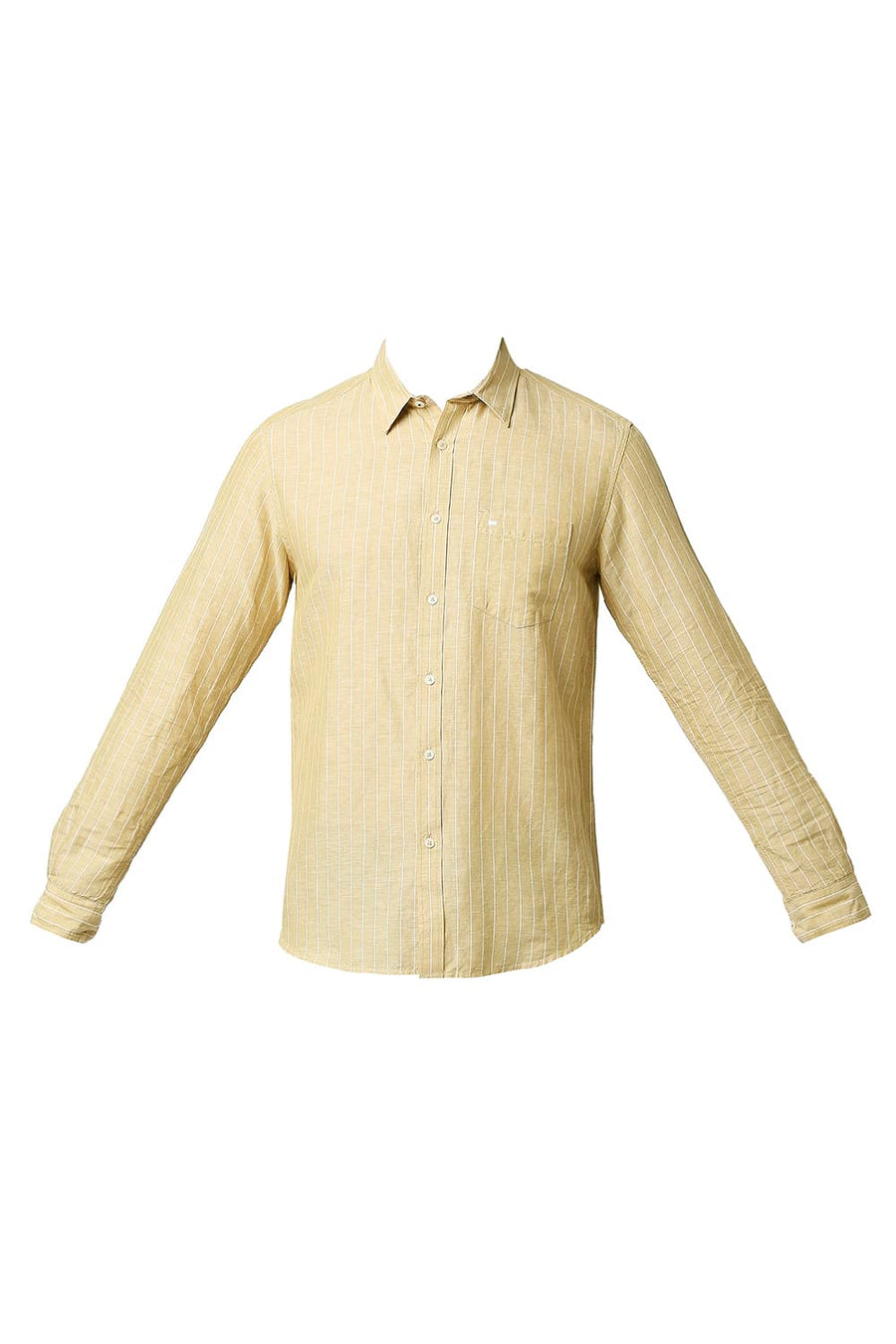 BASICS SLIM FIT WHEAT BEIGE COTTON LINEN STRIPE SHIRT