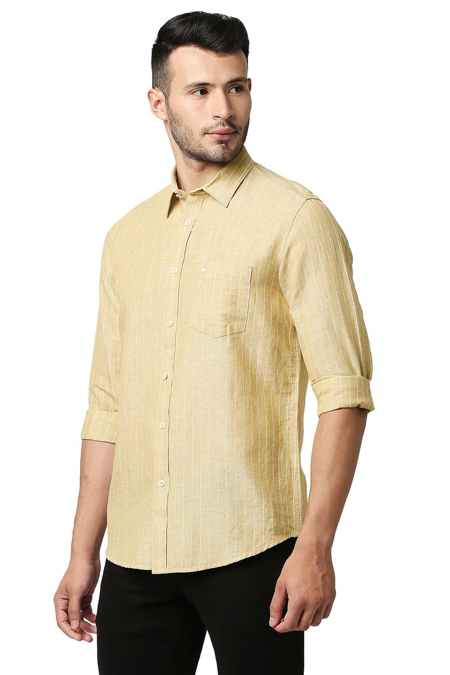 BASICS SLIM FIT WHEAT BEIGE COTTON LINEN STRIPE SHIRT