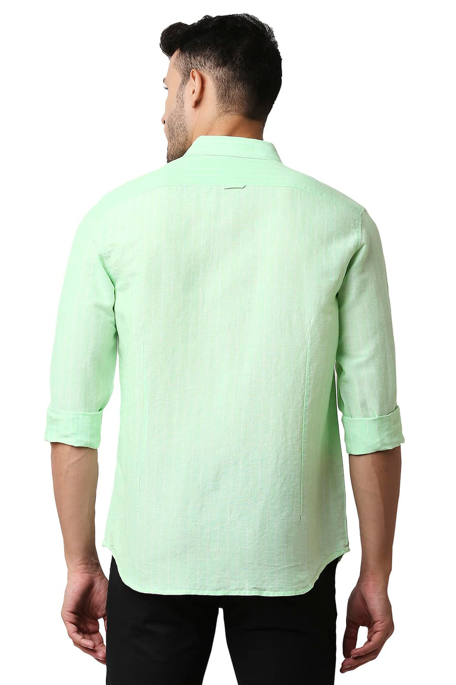 BASICS SLIM FIT PATINA GREEN COTTON LINEN STRIPE SHIRT