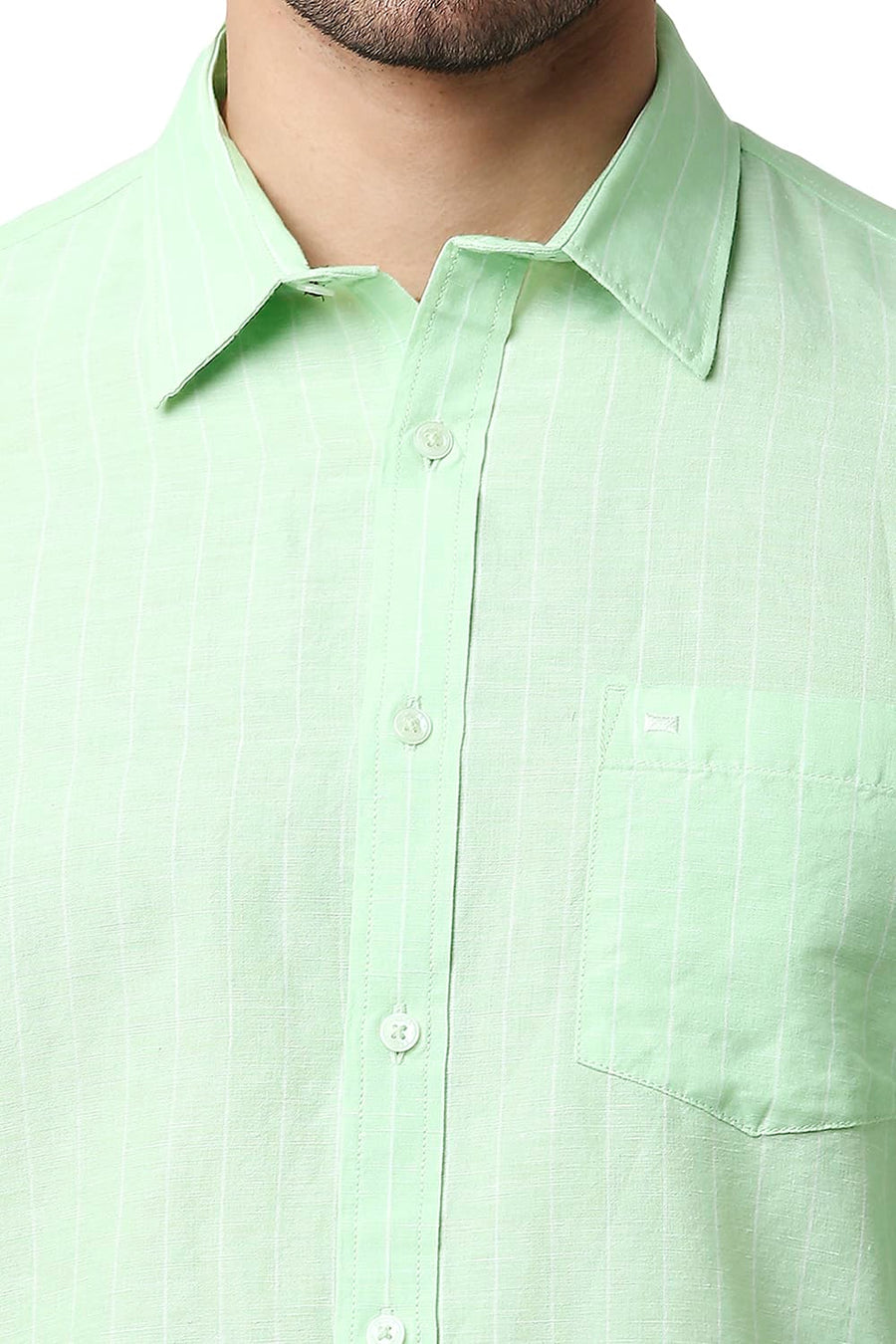 BASICS SLIM FIT PATINA GREEN COTTON LINEN STRIPE SHIRT