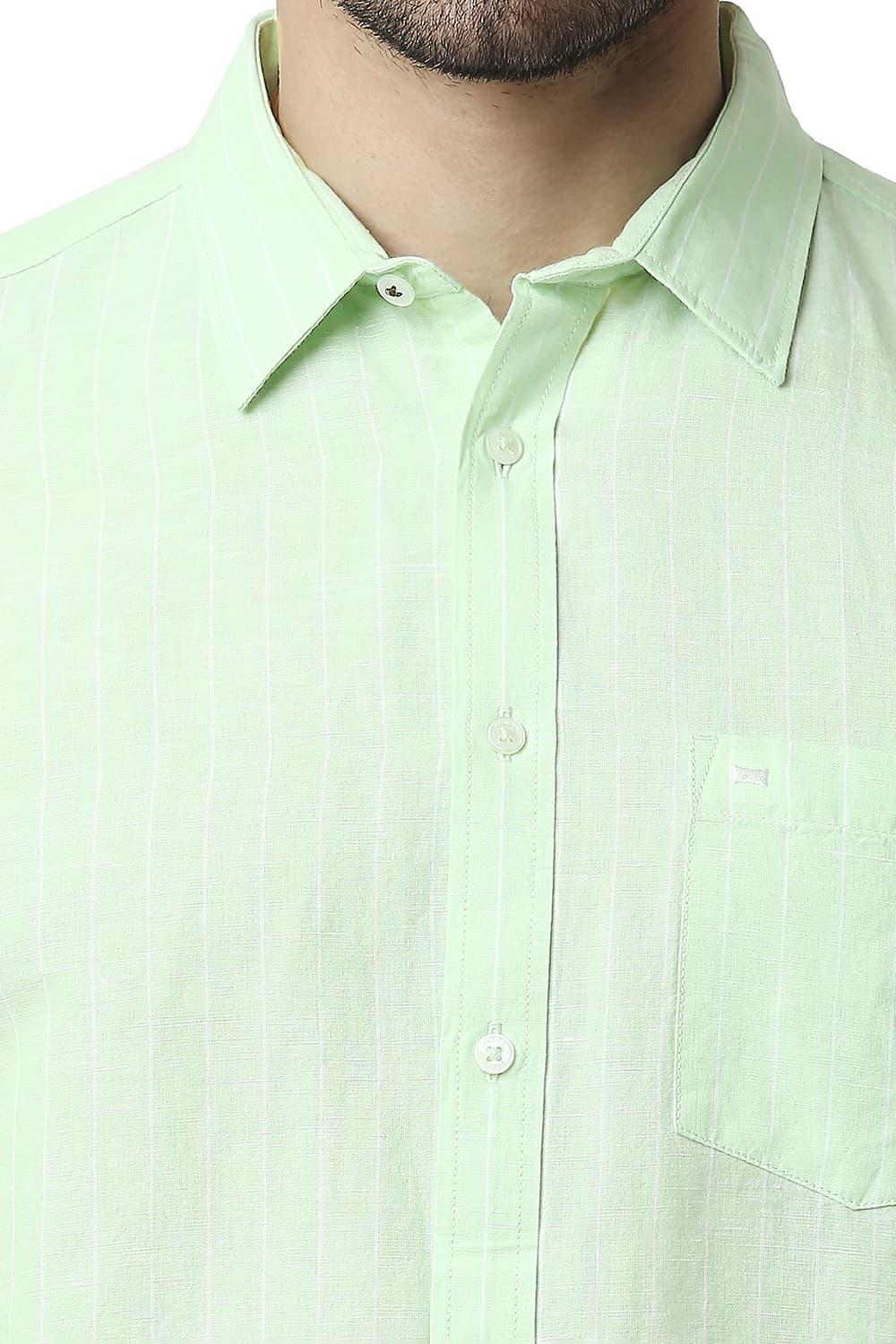 BASICS SLIM FIT COTTON LINEN STRIPE HALFSLEEVES SHIRT