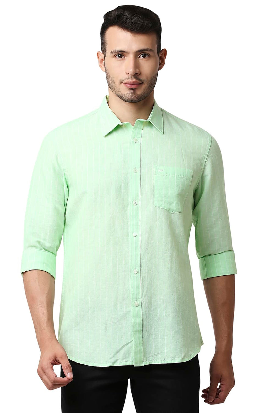 BASICS SLIM FIT PATINA GREEN COTTON LINEN STRIPE SHIRT