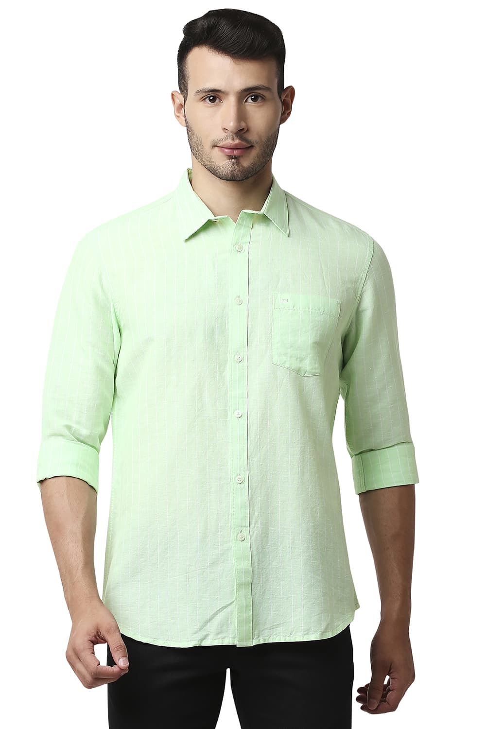 BASICS SLIM FIT COTTON LINEN STRIPE SHIRT