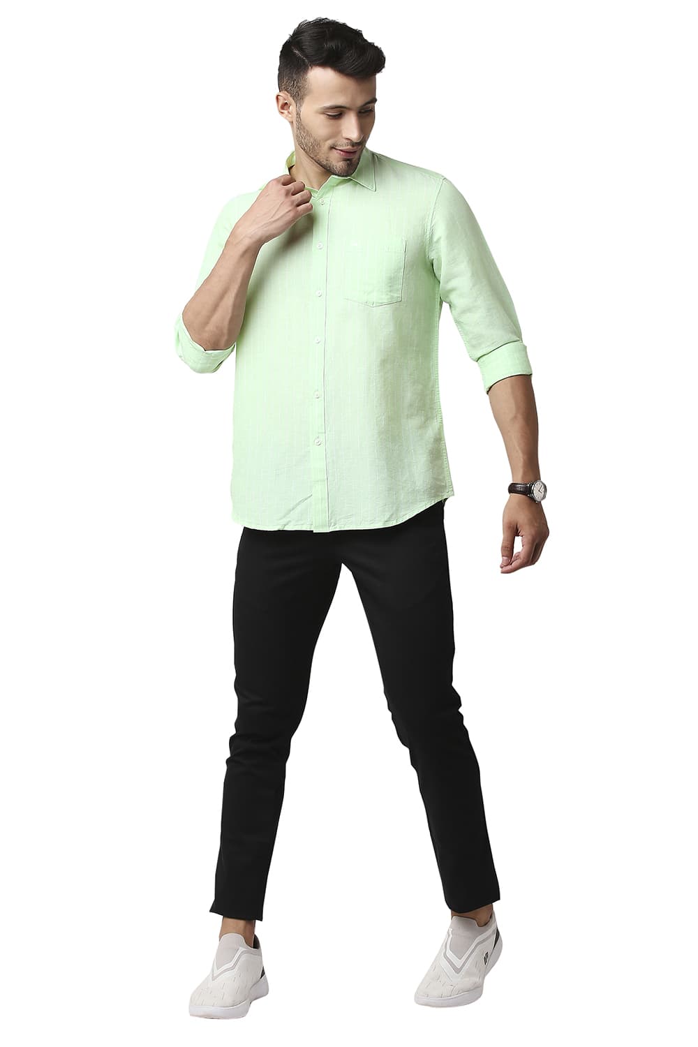 BASICS SLIM FIT COTTON LINEN STRIPE SHIRT