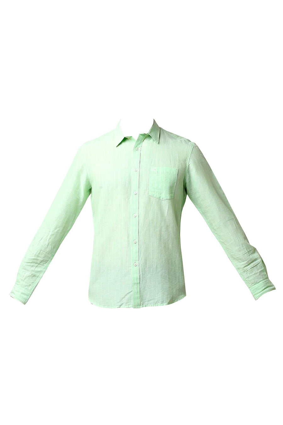 BASICS SLIM FIT PATINA GREEN COTTON LINEN STRIPE SHIRT