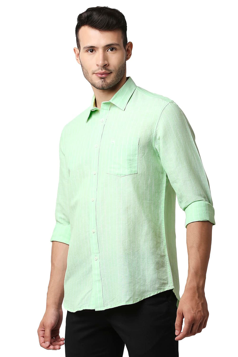 BASICS SLIM FIT PATINA GREEN COTTON LINEN STRIPE SHIRT