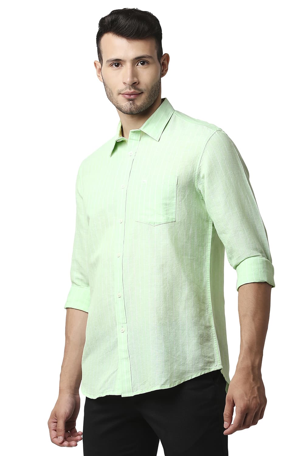 BASICS SLIM FIT COTTON LINEN STRIPE SHIRT