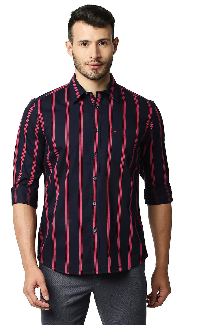 BASICS SLIM FIT NIGHT SKY NAVY TWILL STRIPE SHIRT