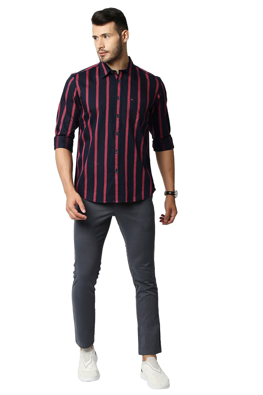 BASICS SLIM FIT NIGHT SKY NAVY TWILL STRIPE SHIRT
