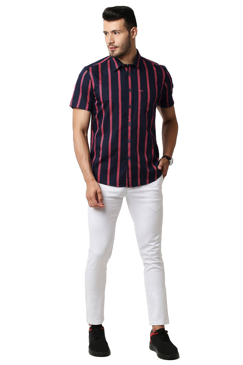 BASICS SLIM FIT TWILL STRIPE HALFSLEEVES SHIRT