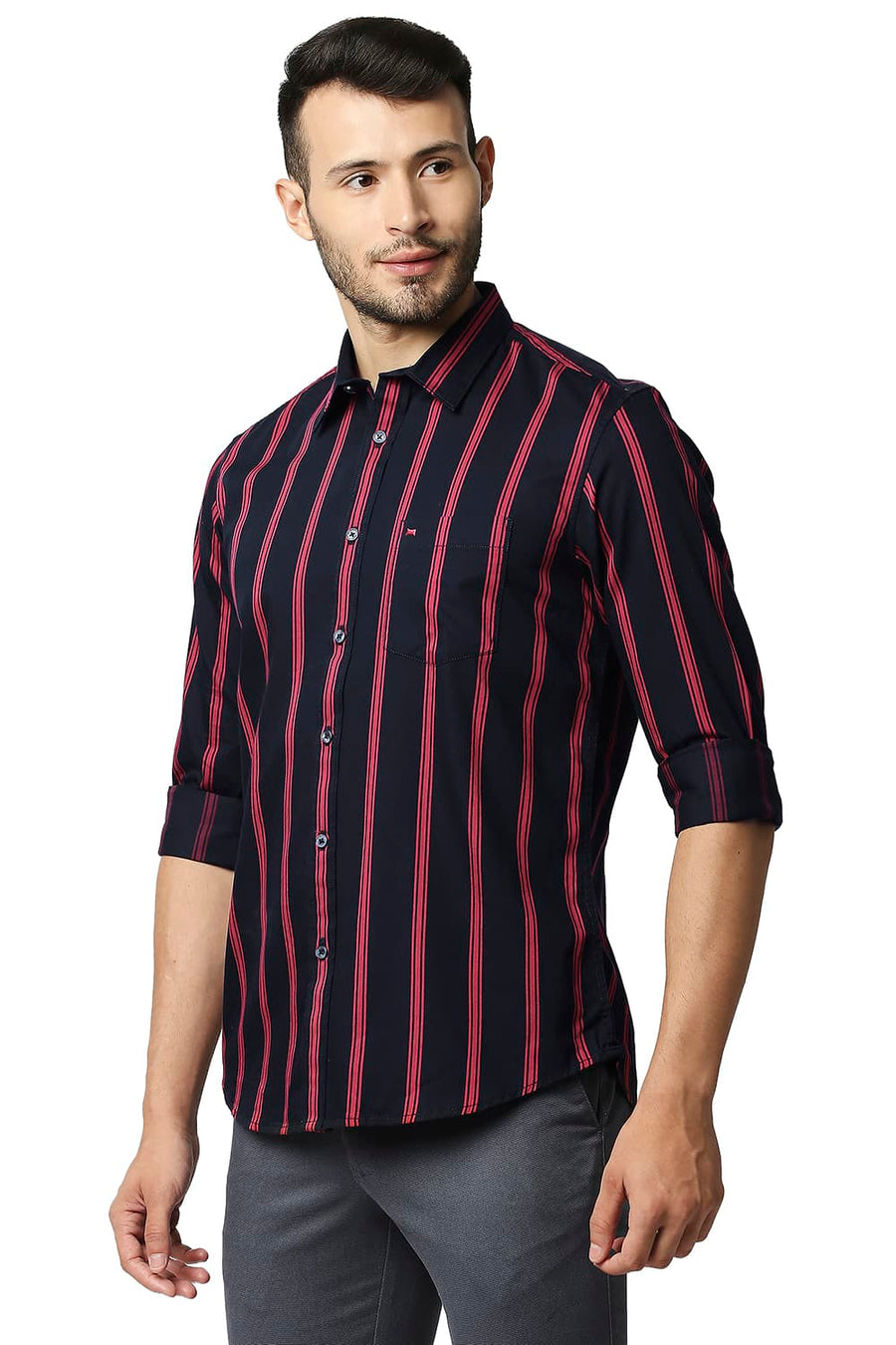 BASICS SLIM FIT NIGHT SKY NAVY TWILL STRIPE SHIRT