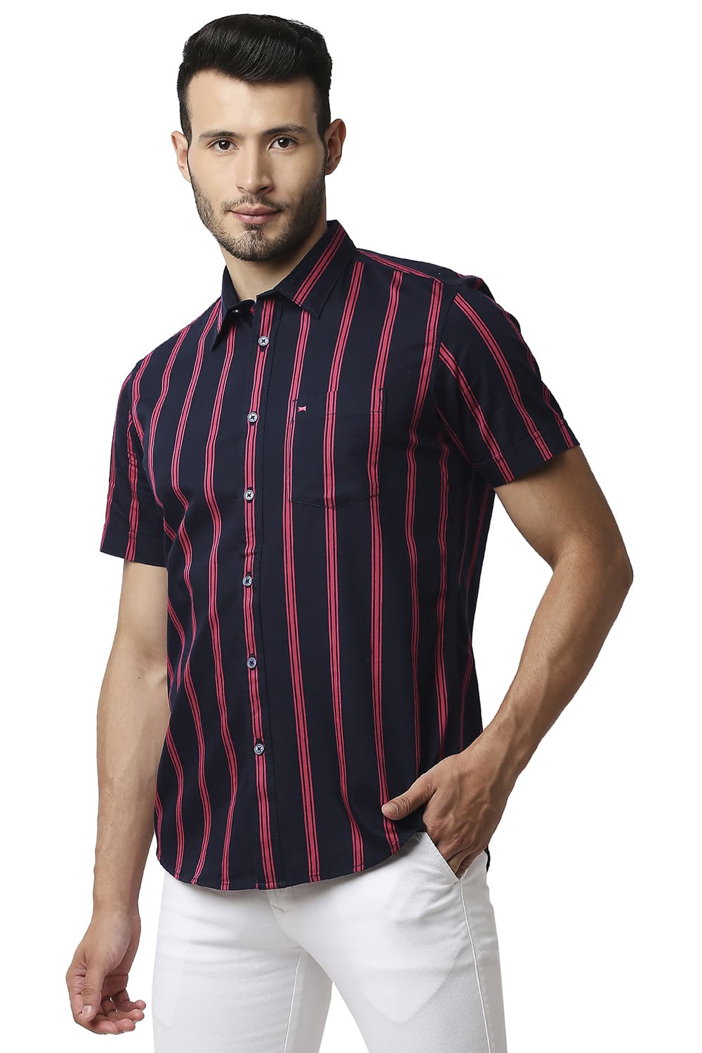 BASICS SLIM FIT TWILL STRIPE HALFSLEEVES SHIRT