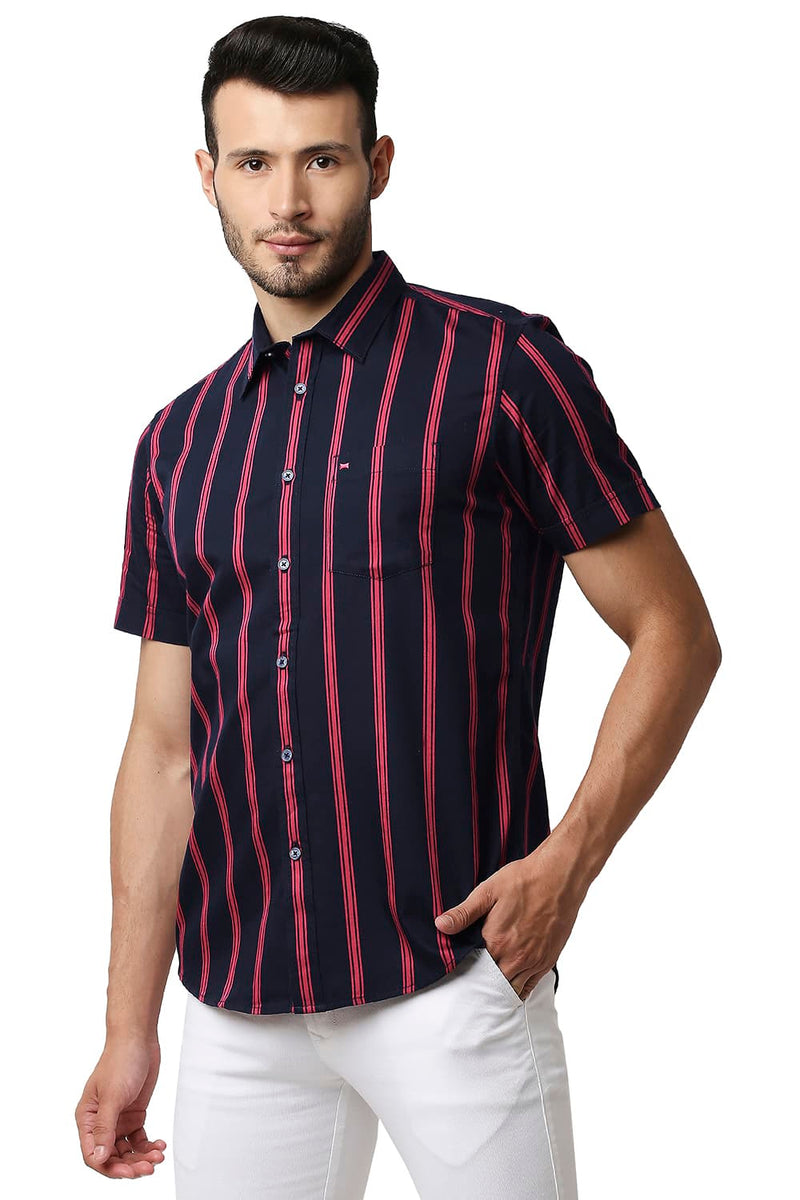 BASICS SLIM FIT TWILL STRIPE HALFSLEEVES SHIRT