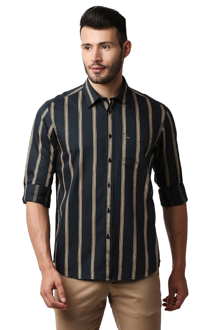 BASICS SLIM FIT JET SET GREEN TWILL STRIPE SHIRT