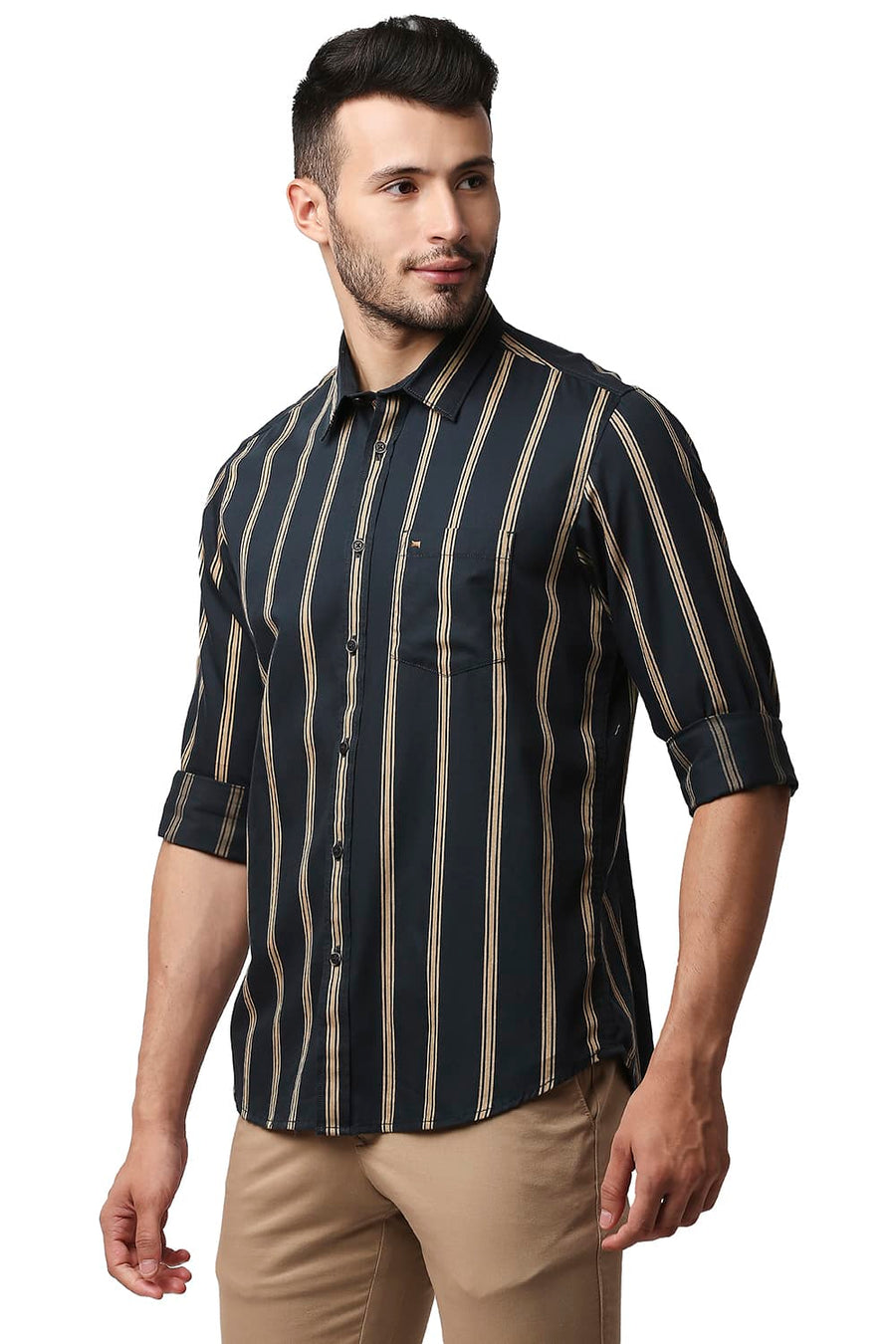 BASICS SLIM FIT JET SET GREEN TWILL STRIPE SHIRT