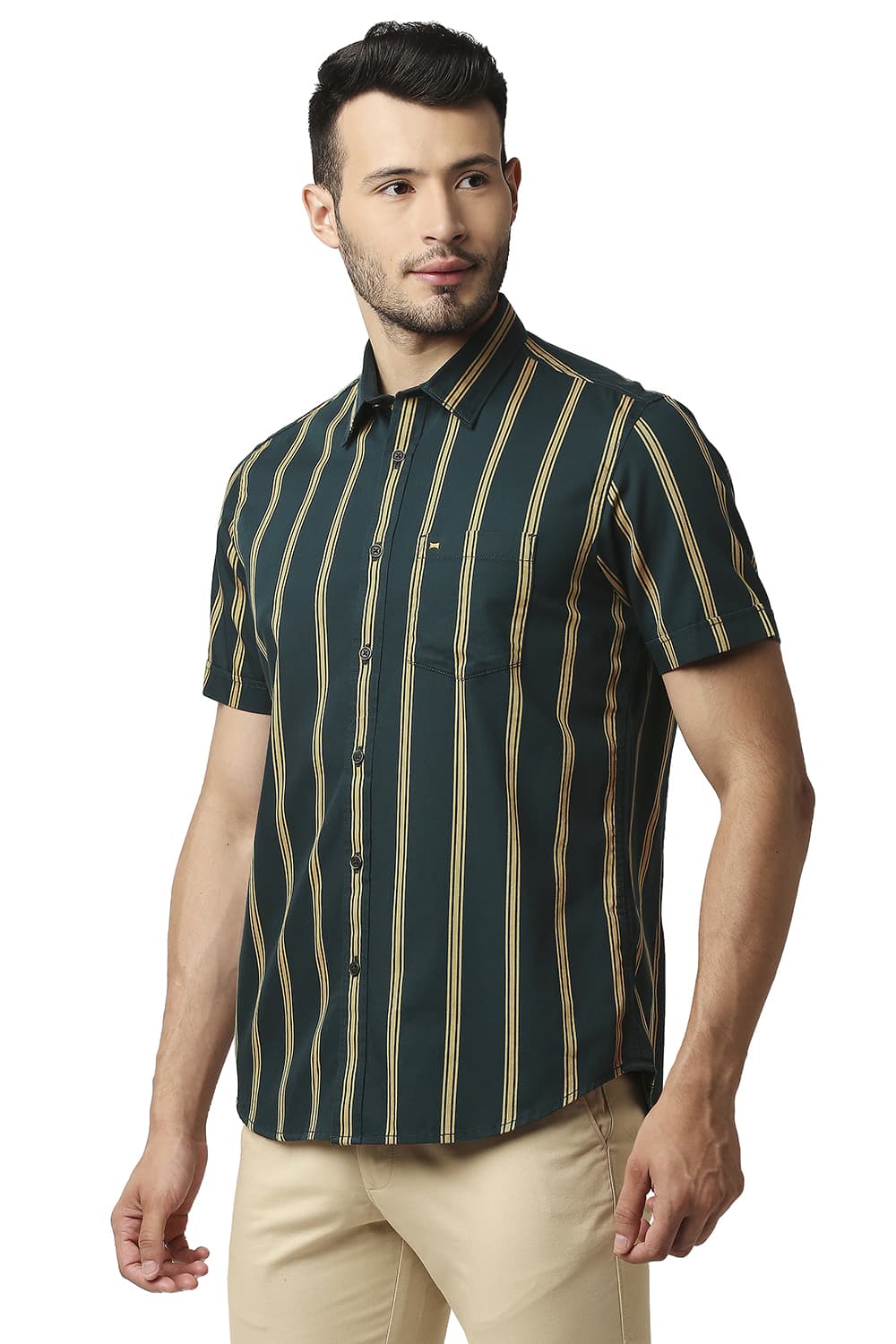 BASICS SLIM FIT TWILL STRIPE HALFSLEEVES SHIRT