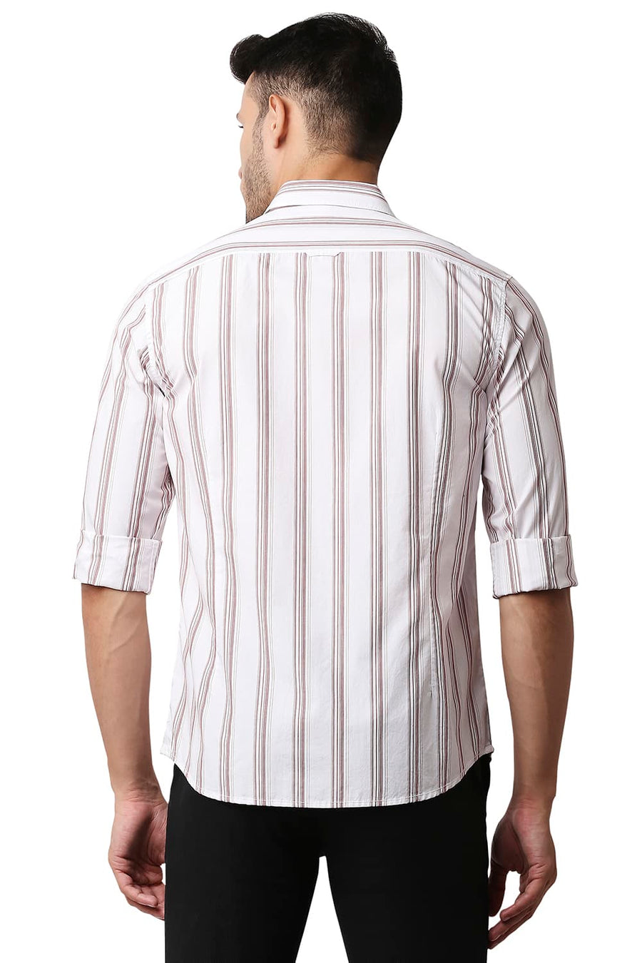 BASICS SLIM FIT RED DAHLIA COTTON STRIPE SHIRT